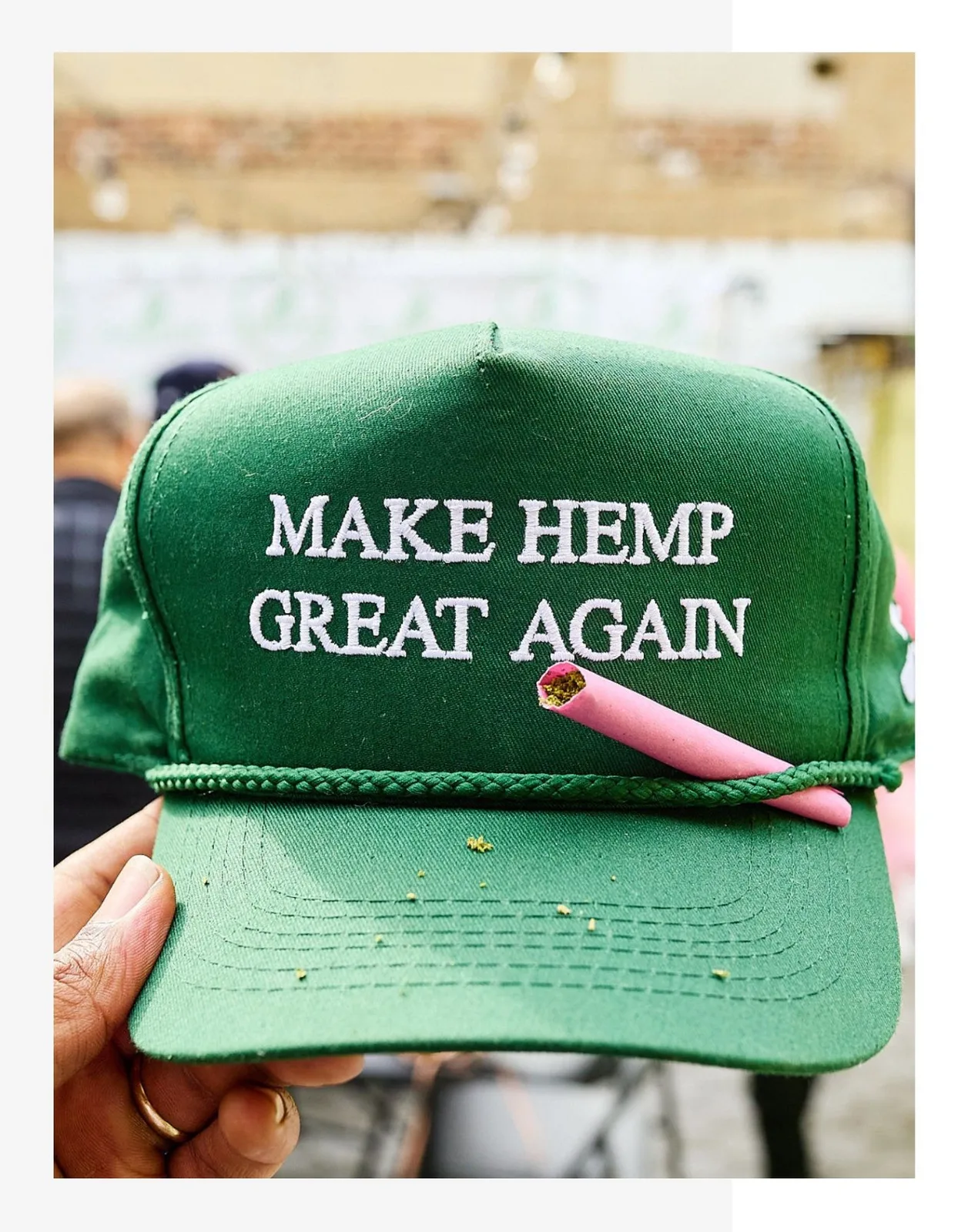 Green cap embroidered with the message Make Hemp Great Again